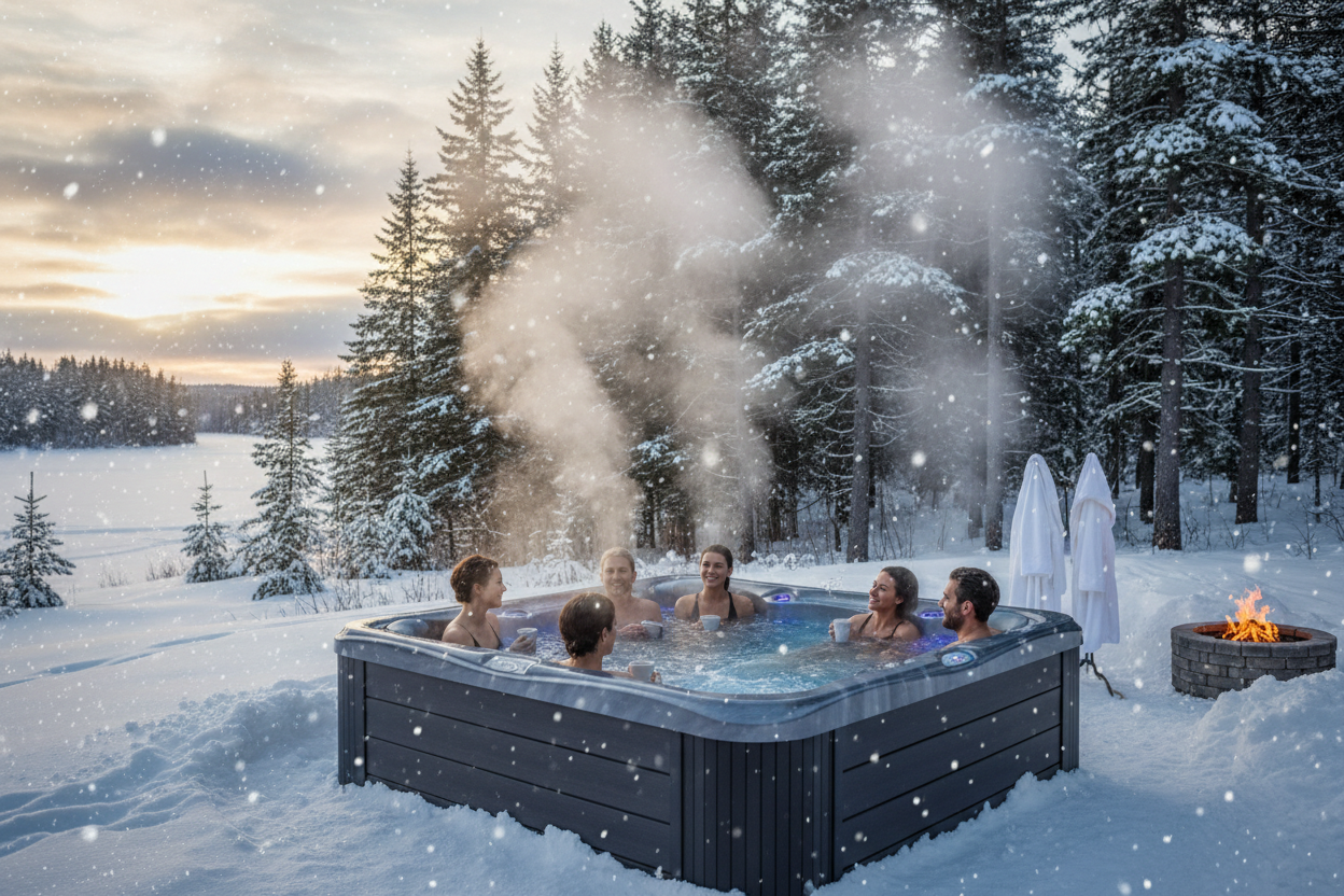 relaxing in a caldera spa in winter in wisconsin